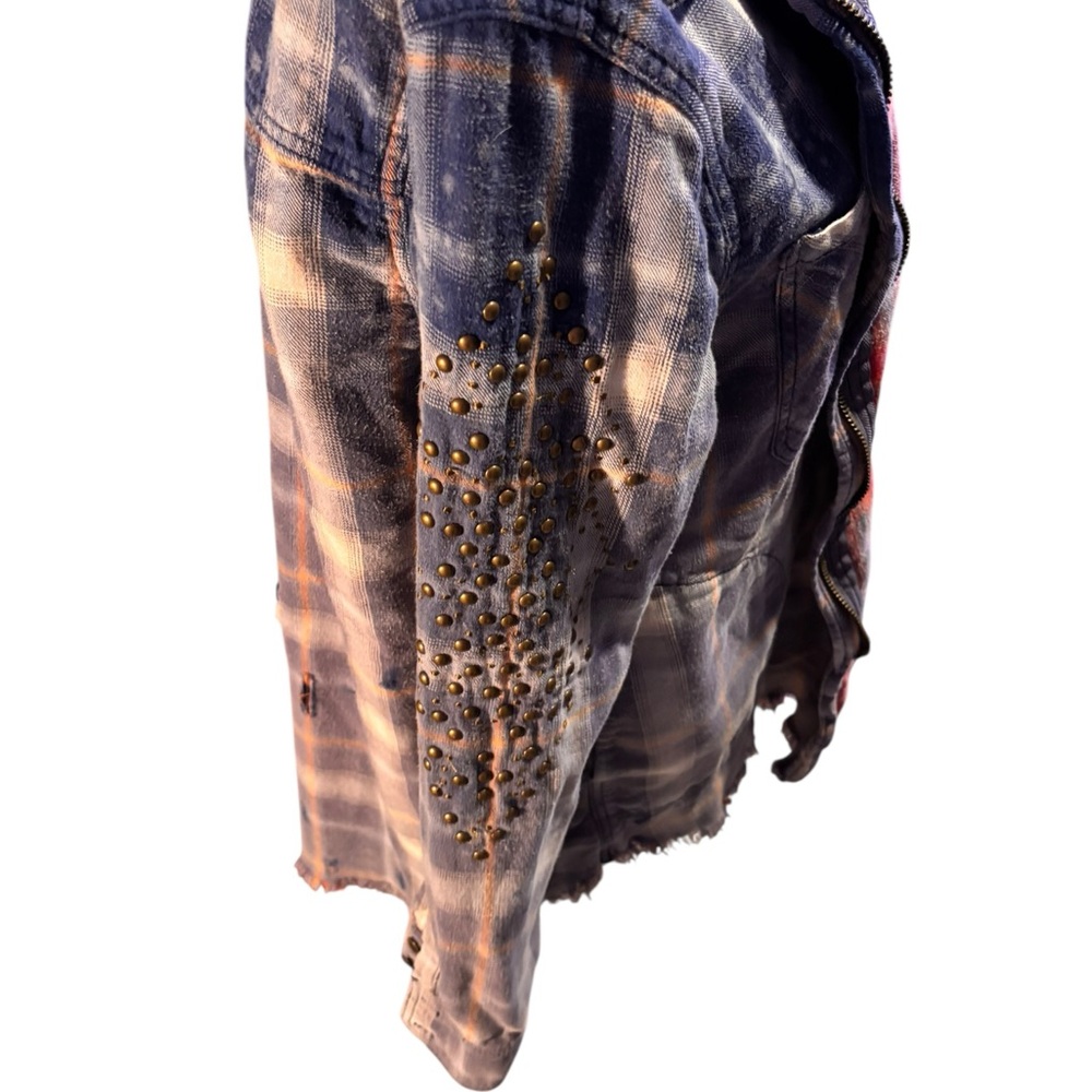 Free People Oversized Studded Plaid Jacket Distressed Boho Shacket Size Medium - Picture 4 of 5